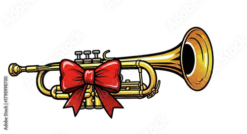 Gold trumpet adorned with a red bow on a white background  