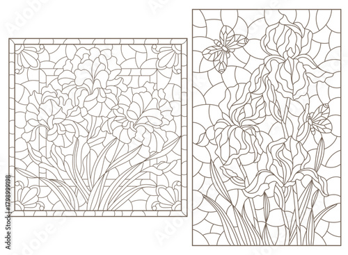 A set of contour illustrations of stained glass Windows with irises and butterflys, dark contours on a white background, oval and rectangular image