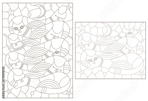 A set of contour illustrations in the style of stained glass with abstract cats, dark contours on a white background