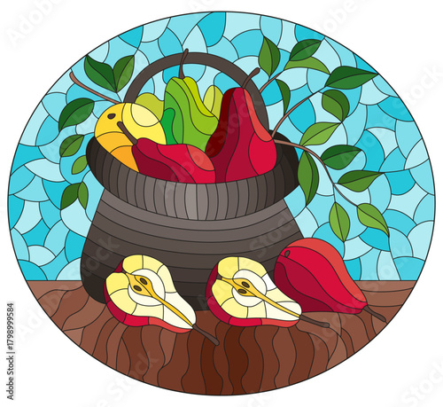 An illustration in the style of a stained glass window with a still life, a basket with pears on a table on a blue background