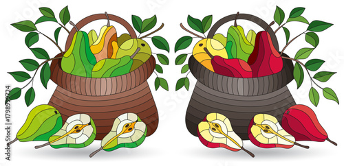 A set of stained glass illustrations with still lifes, baskets with pears on a table isolated on a white background