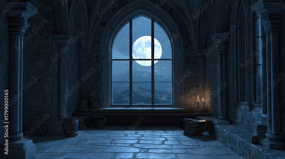 Fototapeta premium Moonlit view from an ancient castle room with stone walls and a calm atmosphere at night