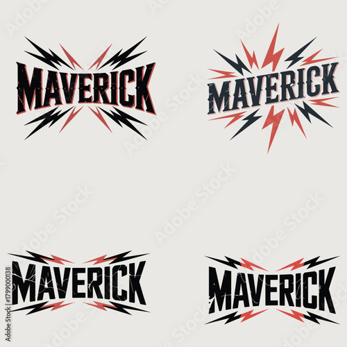 Four " Maverick" text designs with explosive lightning bolt graphics typography lettering