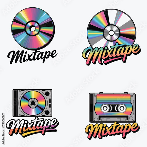 Four Mixtape Designs Featuring C Ds Cassette Tapes And Rainbow Gradients music retro