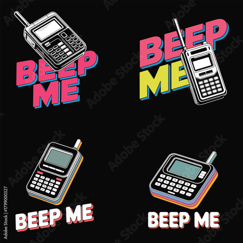 Four Retro Cell Phone Designs with the Phrase Beep Me Keywords: cell phone, beep me, retro