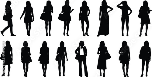 Collection of elegant female silhouettes showcasing various standing, walking and posing positions with handbags and dresses for fashion design illustration projects