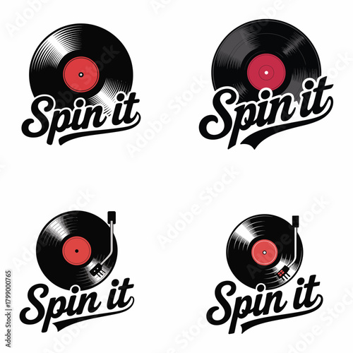 Four Vinyl Record Icons With Spin It Text On White Background Keywords: vinyl, record, music
