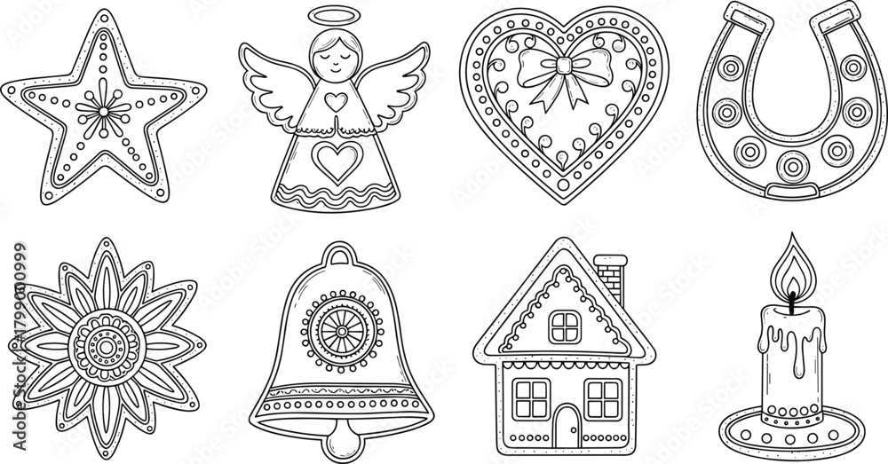 Naklejka premium Collection of decorative holiday cookie designs including angel, star, heart, bell, candle, house and mandala shapes for festive illustration projects