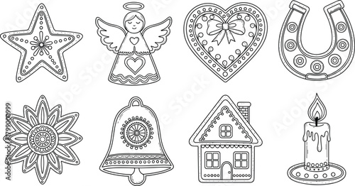 Collection of decorative holiday cookie designs including angel, star, heart, bell, candle, house and mandala shapes for festive illustration projects
