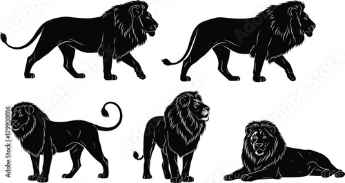 Collection of majestic lion silhouettes featuring walking, standing and resting poses with detailed mane artwork for wildlife illustration and design projects