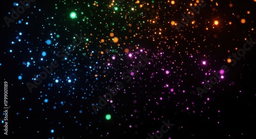 A colorful, abstract background featuring a rainbow of glowing, iridescent particles and stars against a black backdrop.