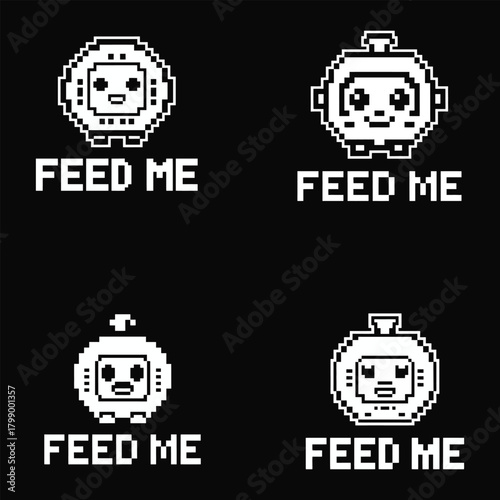 Pixelated robot heads with feed me text on black background Keywords: pixel art, robot, head