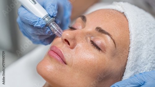 Skin treatment session for rejuvenation at a beauty clinic with a client relaxing on a treatment table