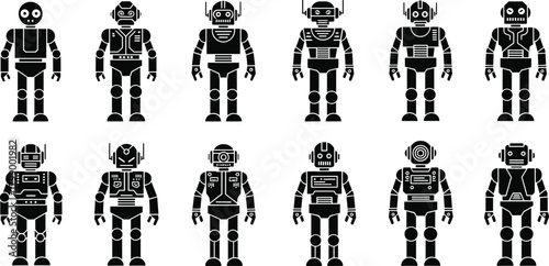 Collection of futuristic robot illustrations featuring humanoid mechanical characters in simple black silhouette design for technology, sci-fi, automation, and digital artwork
