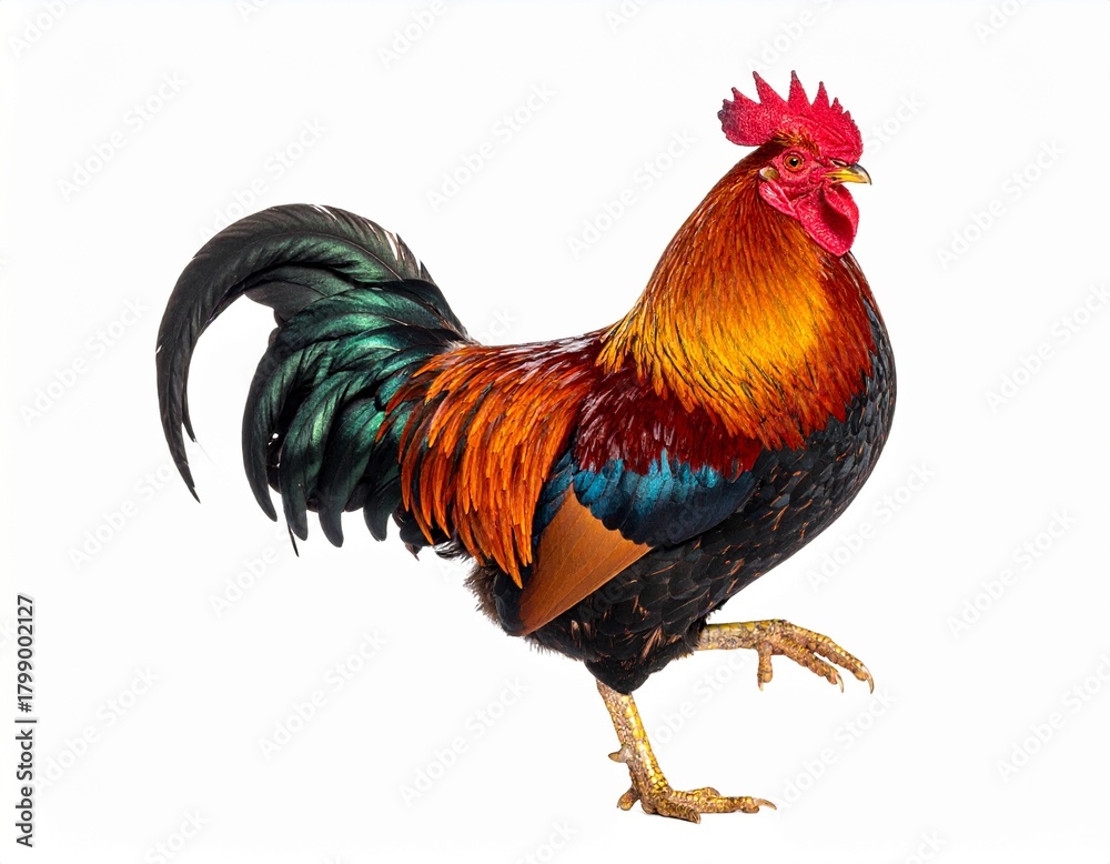 Fototapeta premium Rooster on white background, isolated object, live chicken, one closeup farm animal