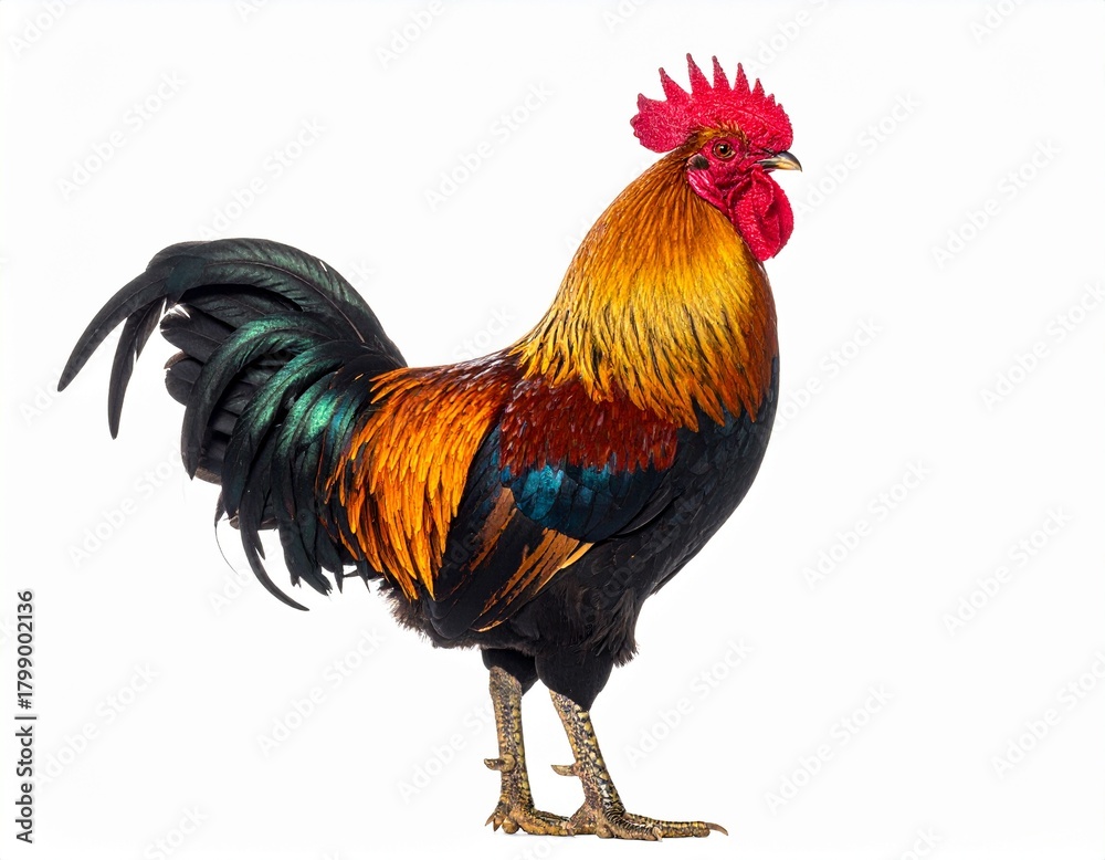 Fototapeta premium Rooster on white background, isolated object, live chicken, one closeup farm animal