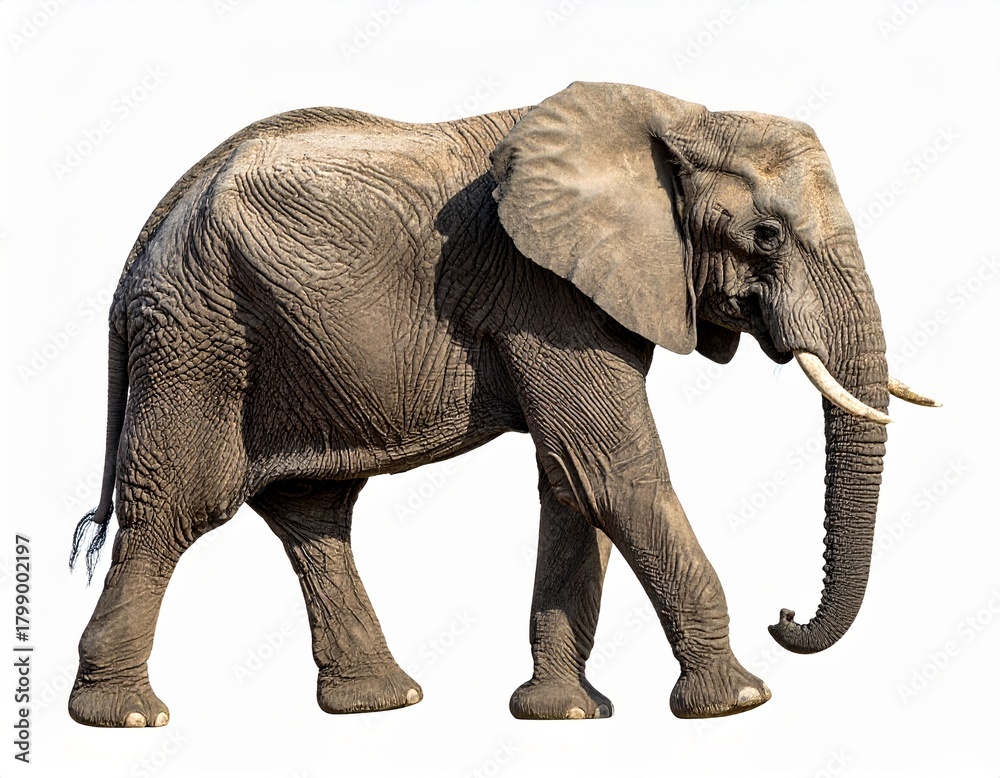 Fototapeta premium African Elephant Side View Isolated on White. The animal is seen walking. PNG file 