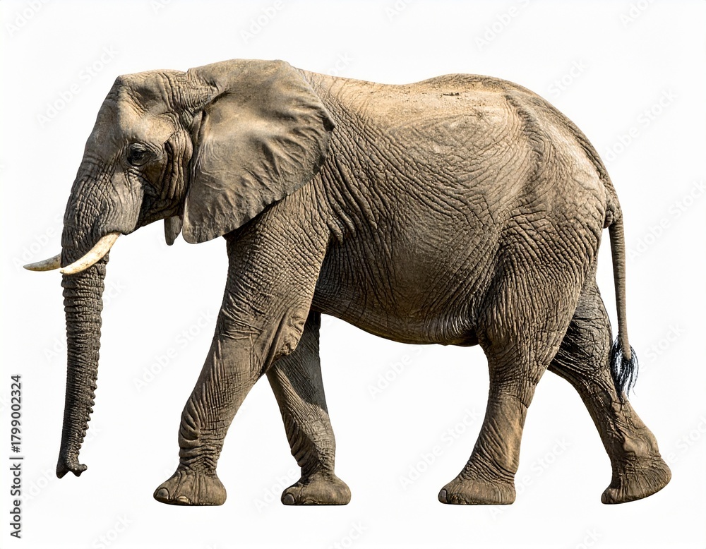 Fototapeta premium African Elephant Side View Isolated on White. The animal is seen walking. PNG file 