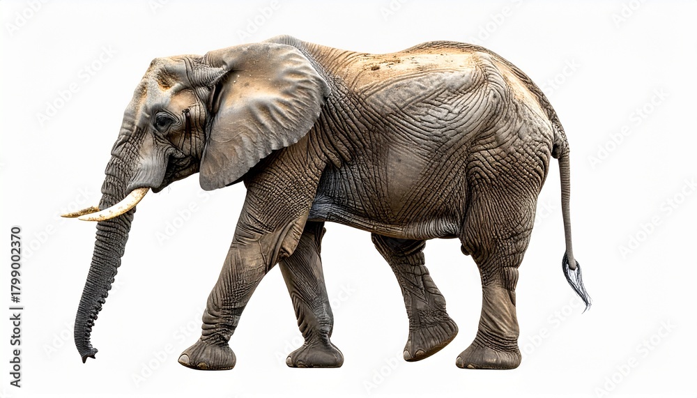 Fototapeta premium African Elephant Side View Isolated on White. The animal is seen walking. PNG file 