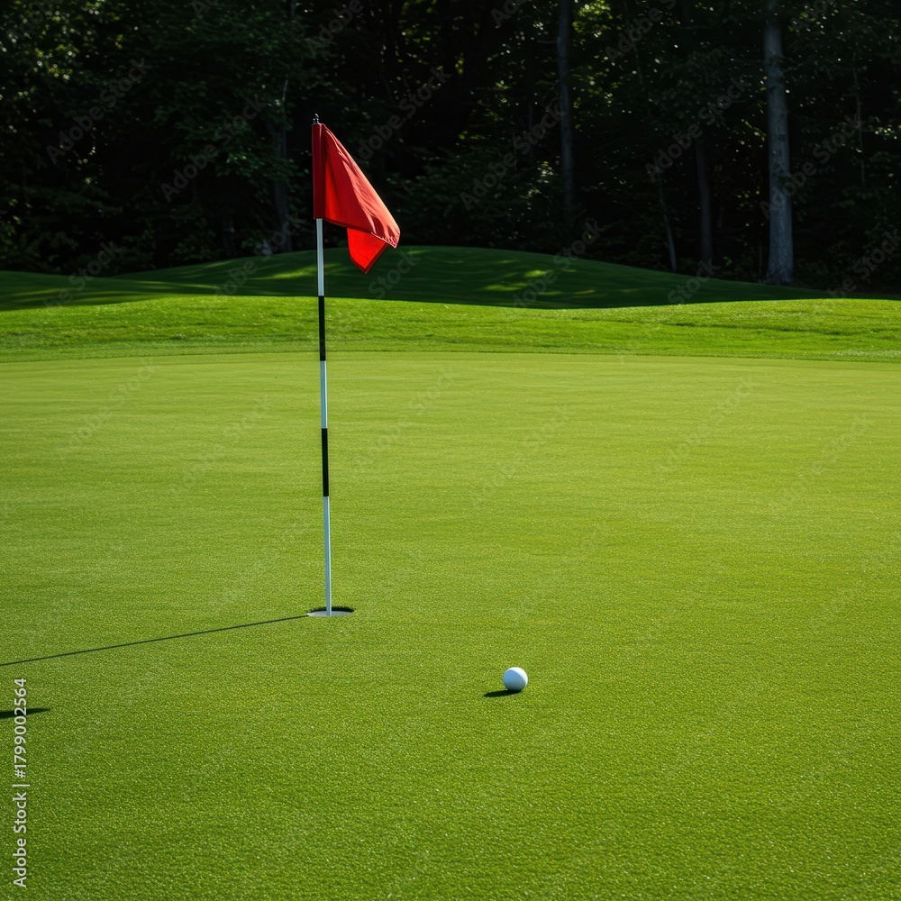 Obraz premium Lush, immaculate putting green landscape awaits the final shot. The identifiable flagstick marks the precise target location on the smooth surface ,outdoor ,championship ,hobby