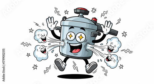 Funny Cartoon Pressure Cooker Character with Steam and Stars.