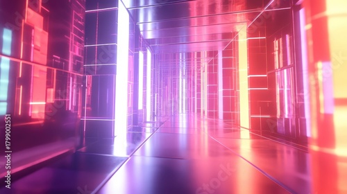 Fototapeta Naklejka Na Ścianę i Meble -  Glowing futuristic tunnel with colorful neon light reflections