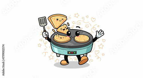 Happy cartoon crepe maker character flipping pancakes with a spatula.