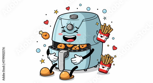 Happy cartoon air fryer character mascot with french fries.