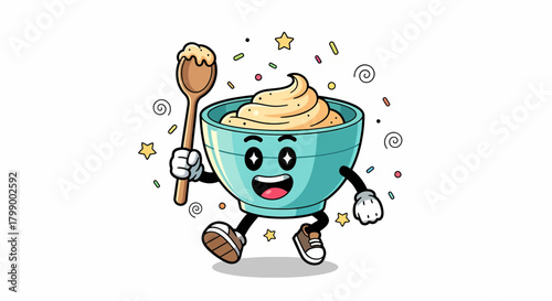Happy cartoon mayonnaise bowl character walking with a wooden spoon.