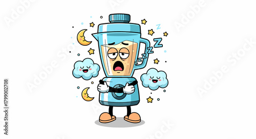 Sleepy cartoon blender mascot character yawning.
