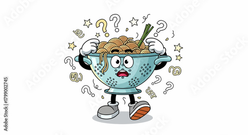 Puzzled kitchen colander character with a shocked expression.