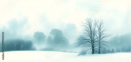  Muted turquoise watercolor snow landscape with hazy trees fading into fog, peaceful winter mood.