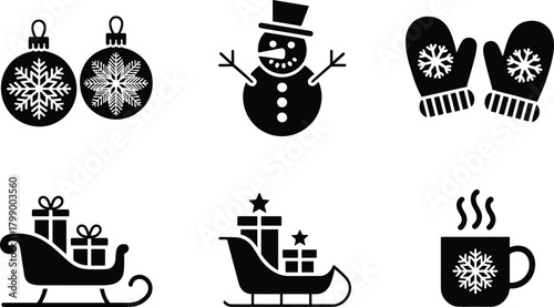 Christmas, holiday, winter, festive, icons, ornaments, snowman, mittens, sleigh, gifts, mug, steam, snowflake, illustration, vector, design, cartoon, symbol, celebration
