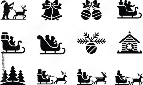 Christmas, winter, holiday, festive, icons, Santa, sleigh, reindeer, bells, ornaments, cabin, pine, trees, illustration, vector, design, cartoon, symbol, celebration, season