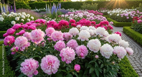 Fototapeta Naklejka Na Ścianę i Meble -  A vibrant garden filled with pink and white peonies, surrounded by lavender and other flowers, with a pathway leading through the garden.