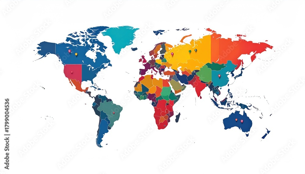 Fototapeta premium A vibrant, simplified world map illustration with each country a different color. Small red pins mark various locations