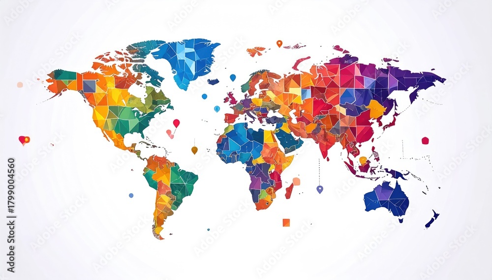 Fototapeta premium Colorful, geometric world map with fragmented continents, using varied hues, accented by location pins over a white background