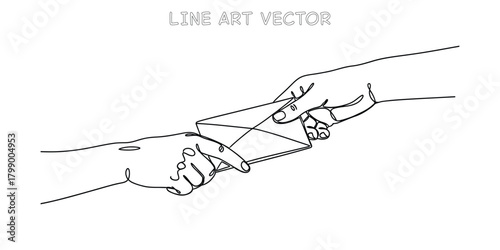 One line drawing of two hands passing an envelope, symbolizing communication or giving a message