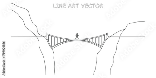 One line drawing of a person walking across a bridge connecting two cliffs