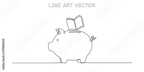 One line drawing of a piggy bank with a small open book on its back