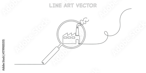 One line drawing of a magnifying glass focusing on a factory representing industrial analysis or inspection