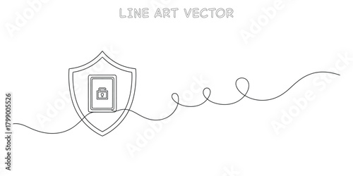 One line drawing of a security shield containing a locked padlock icon