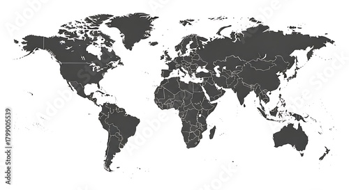 Detailed political world map showing country borders and names isolated on white background