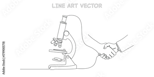 One line drawing of a microscope connected to a handshake symbolizing a scientific partnership or deal