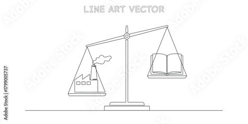 One line drawing of a justice scale weighing a factory against an open book