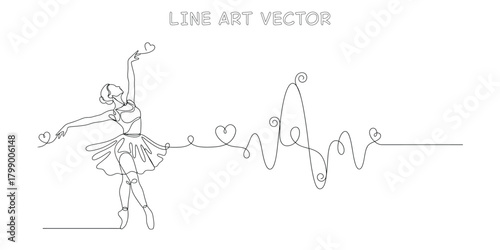One line drawing of a ballerina whose dance creates a heart-shaped cardiogram (heartbeat) line