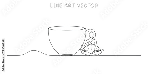 One line drawing of a person meditating in a lotus pose next to a large coffee mug