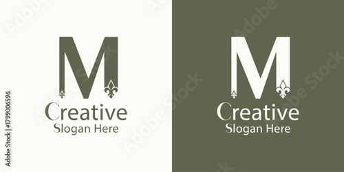 Luxury letter M logo design with an ornate royal fleur de lis element, perfect for a high end, classic, or premium brand identity
