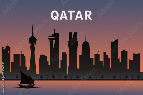 Illustration of the Doha, Qatar skyline silhouette with a warm sunset gradient and a traditional dhow boat in the foreground. A modern design suitable for posters, banners, and promotional materials a