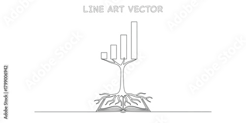 Continuous line drawing of a tree with a rising bar chart growing from an open book